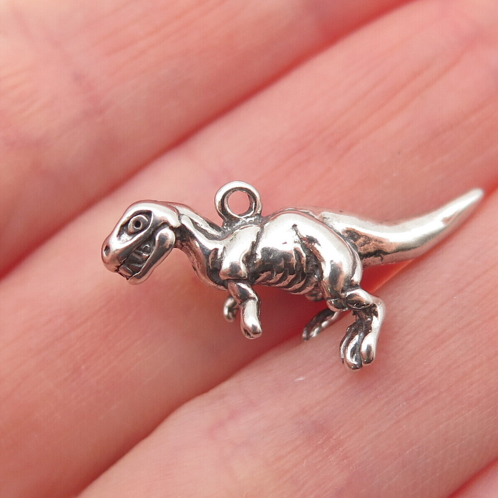 SHUBE 925 Sterling Silver Vintage T-Rex Dinosaur Oxidized 3D Charm Pendant